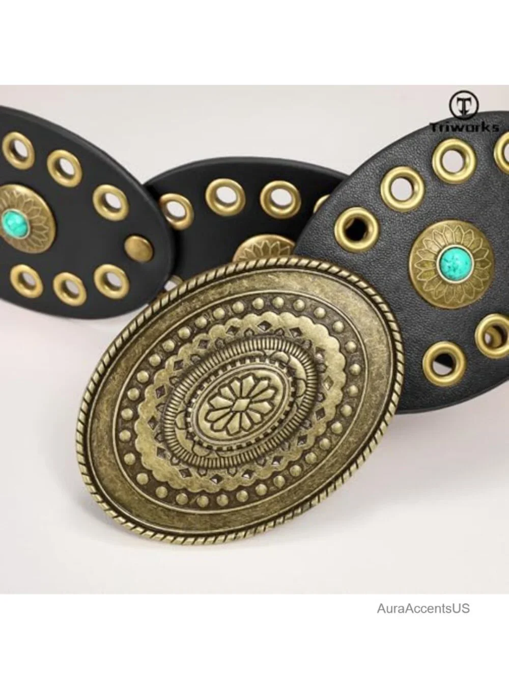 Wide Cowgirl Disc Belt with Turquoise Concho PU Leather Western Belt for Dress